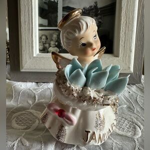 Lefton 1950’s Vintage Birthday Angel #489 “Snowdrop Garnet”